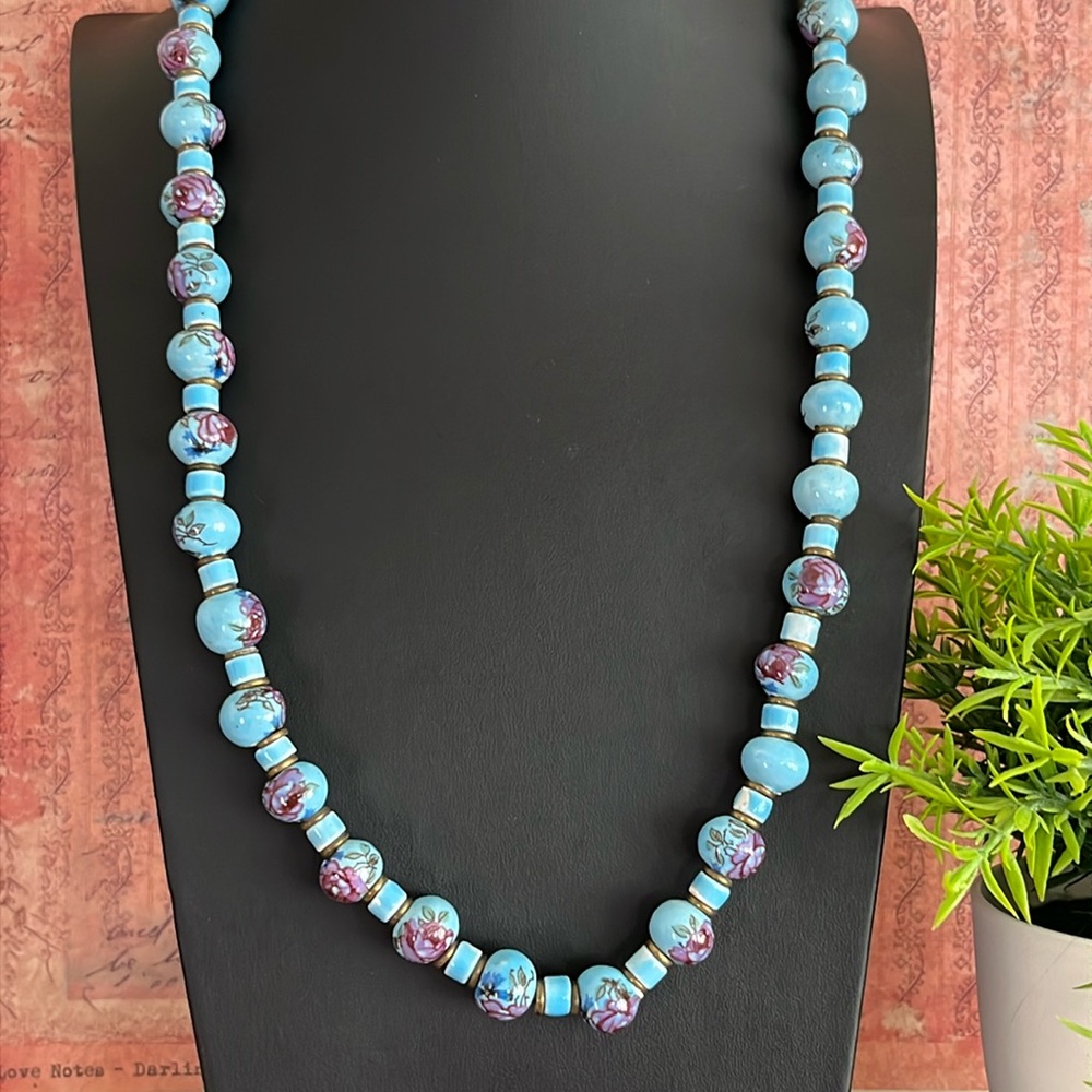 Vintage Asian inspired artisan sky blue floral transfer ceramic bead necklace